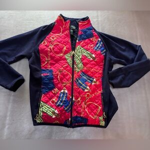 Lauren Ralph Lauren Quilted Jacket Horsebit sz LHorsebit Chain Print Blue Red